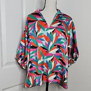 Emily McCarthy Vibrant Multicolor Blouse with Leaf Pattern